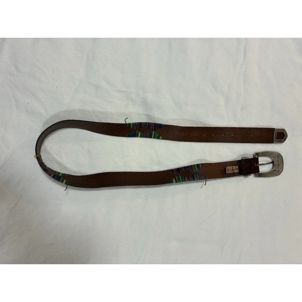 Robert Graham Brown Leather Belt Sz 44/46 KWT Paisley‎ Buckle Multicolor Stitch